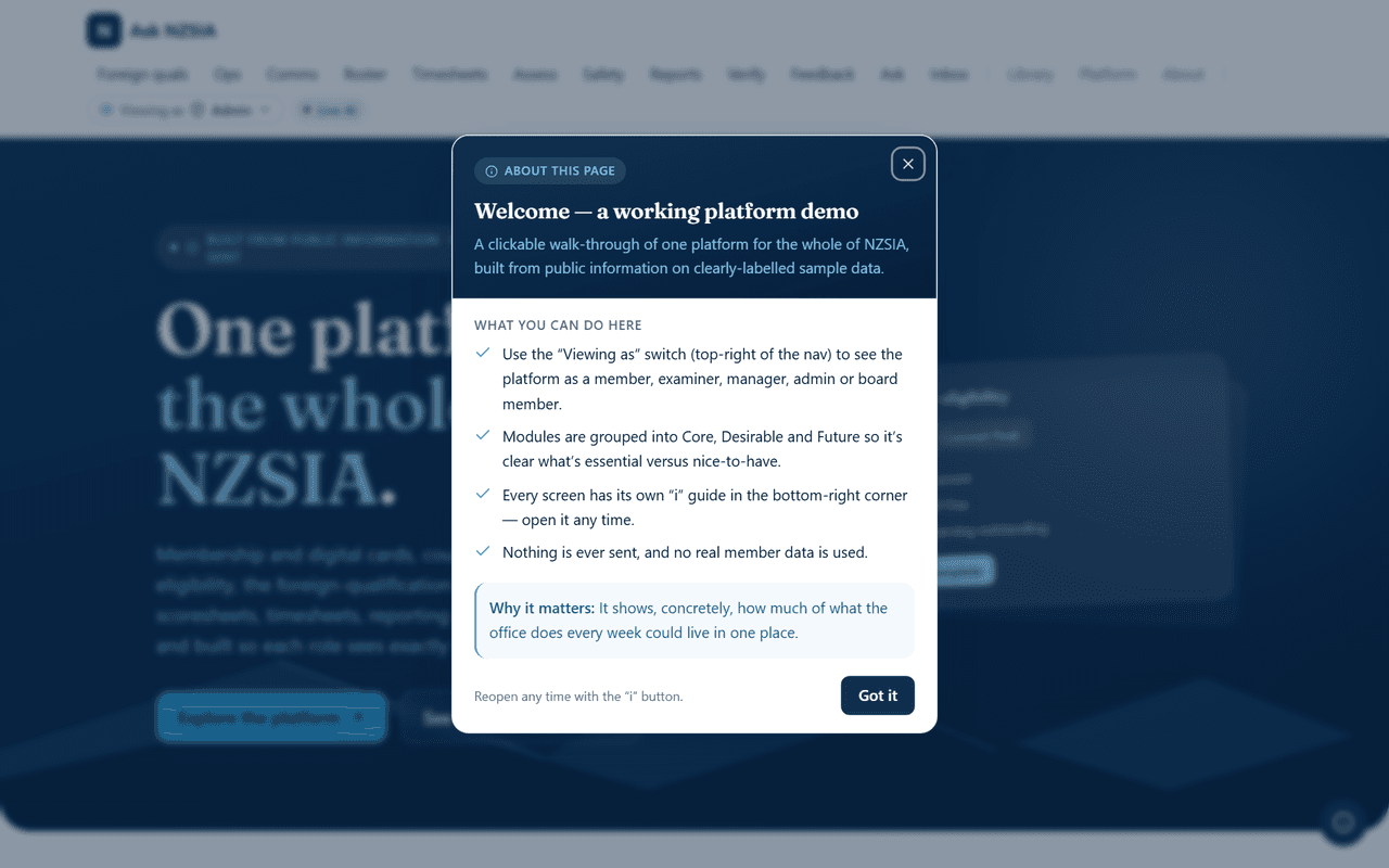 Screenshot of the Ask NZSIA demo